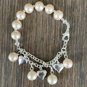 HAND CRAFTED PEARL BRACELET Peach Faux Pearls Silver Heart Charms Silver Chain